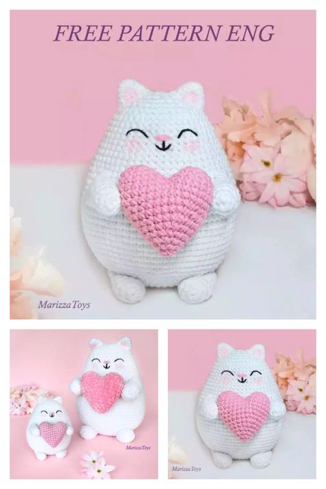 6 Valentine‘s Day Cat Free Crochet Pattern - Page 2 of 2 Crochet Valentine Cat Pattern, Crochet Amigurumi Valentines Day, Valentine Crochet Patterns Free, Valentines Day Crochet, Cat Free Crochet Pattern, Kat Haken, Crochet Blanket Diy, Crochet Valentine Patterns, Crochet Valentine