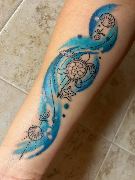 Forearm Tattoo Women Sea Turtle, Stitch And Turtle Tattoo, Sea Turtle With Waves Tattoo, Cartoon Sea Turtle Tattoo, Salt Life Tattoo For Women, Mermaid And Turtle Tattoo, Beach Tattoo Thigh, Turtle And Wave Tattoo, Ocean Tattoos Ideas