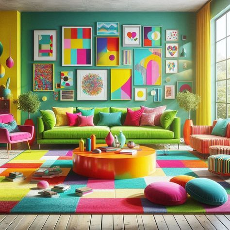 Retro Colorful Living Room, Living Room Bright Colors, Lime Green Sofa, Blue Green Rooms, Colorful House Decor, Colorful Living Room Bright, Orange Coffee Table, Living Room Bright, Welcoming Living Room