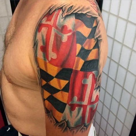 50 Maryland Flag Tattoo Ideas For Men – State Flag Designs Maryland Flag Tattoo, Maryland Tattoo, Maryland Flag, Tattoo Prices, Flag Tattoo, Symbol Tattoos, Line Work Tattoo, White Tattoo