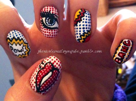 Comic nails Comic Nail Art, Comic Book Nails, Book Nail Art, Book Nails, Pop Art Nails, Northern Indiana, Nail Pops, Nail Art Disney, Pop Art Comic