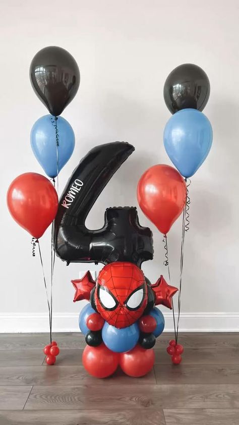 Spiderman Balloon Bouquet, Spidey Photoshoot, Spiderman Photoshoot, Spiderman Balloon, Superhero Birthday Party Decorations, Spiderman Birthday Party Decorations, Spiderman Cake Topper, Kids Party Inspiration, Spiderman Birthday Party