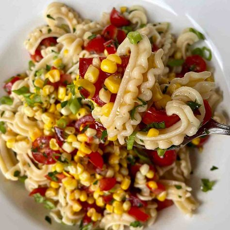 Cascatelli with Tomatoes and Corn - On The Bias Pasta Cascatelli Pasta Recipes, Colorful Pasta, Ricotta Sauce, All Recipes, Pasta Shapes, Tomato Juice, All Vegetables, Yummy Yummy, Perfect Food