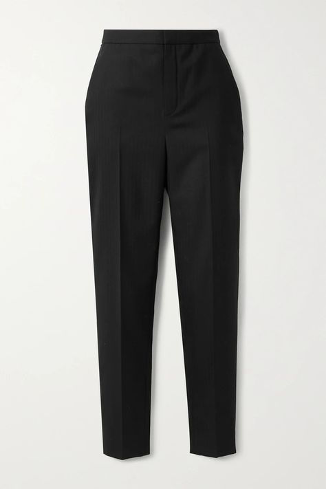 SAINT LAURENT Herringbone wool tapered pants Office Pants Women, Black Herringbone, Office Pants, Versatile Pants, Uniform Pants, Blazer Black, Tapered Pants, Lace Bodysuit, Black Wool