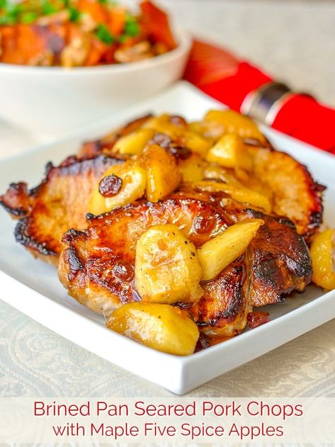 This recipe for brined pan seared pork chops with those beautiful glazed spiced apples just says "great Fall or Winter comfort food meal". Maple Syrup Sauce, Pan Seared Pork Chops, Best Apple Recipes, Pork Meals, Seared Pork Chops, Juicy Pork Chops, Rock Recipes, Five Spice, Pork Ham