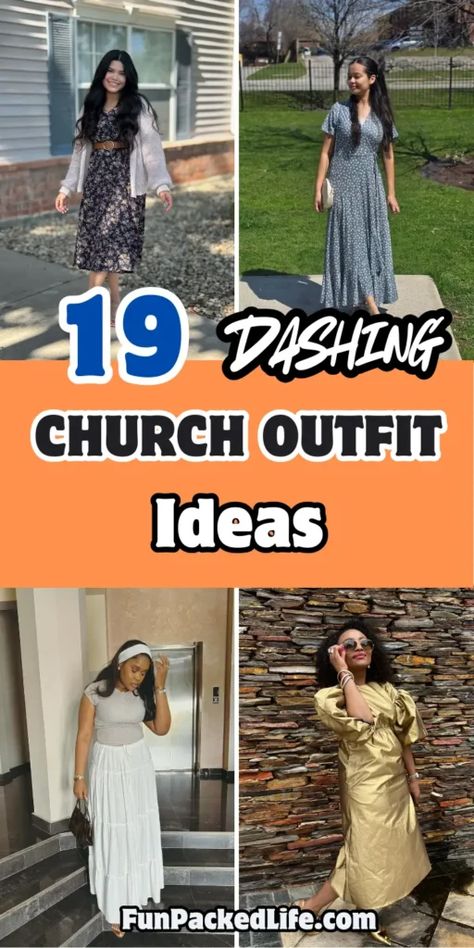 Collage featuring four modest church outfit ideas for women. Top left shows a floral midi dress layered with light cardigan. Top right displays a blue printed maxi dress with v-neck. Bottom left features a simple grey top paired with white tiered maxi skirt. Bottom right shows a glamorous gold midi dress with puff sleeves. Sunday Outfit Church, Elegant Church Outfits, Casual Sunday Outfit, Sunday Church Outfits, Church Outfit Ideas, All Ideas, Sunday Outfit, Outfit Ideas For Church, Pentecostal Fashion