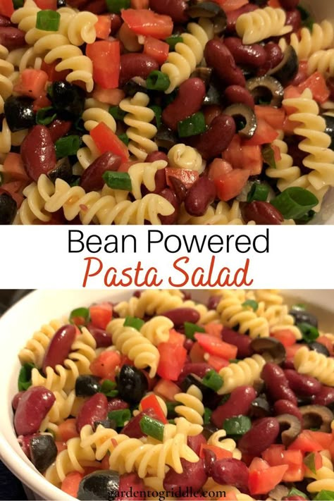 Split image with top image of close up of pasta salad with veggies and beans. Bottom image of white Corning Ware bowl with fusilli noodles, diced black olives, dark red kidney beans, diced green onion, diced tomato mixed together, all on a blue and white towel. Title in the center of Bean Powered in black letters and Pasta Salad in a reddish brown color. Three Bean Pasta Salad Recipe, 3 Bean Pasta Salad Recipe, Pasta And Bean Salad Recipes, Three Bean Pasta Salad, Pasta And Bean Salad, Kidney Bean Pasta Salad, Pasta Bean Salad Recipes, Pasta Salad With Garbanzo Beans, Pasta Salad With Beans