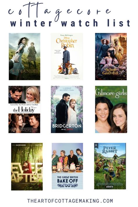 Cottagecore movies with the cottagecore aesthetic are shown in rows for this winter watch list. Good Witch Tv Show Aesthetic, Cottagecore Movies To Watch, Best Winter Movies, Movies For Winter, Cottage Core Movies List, January Movie List, Movies To Watch In January, Cottagecore Movies List, Winter Movie List