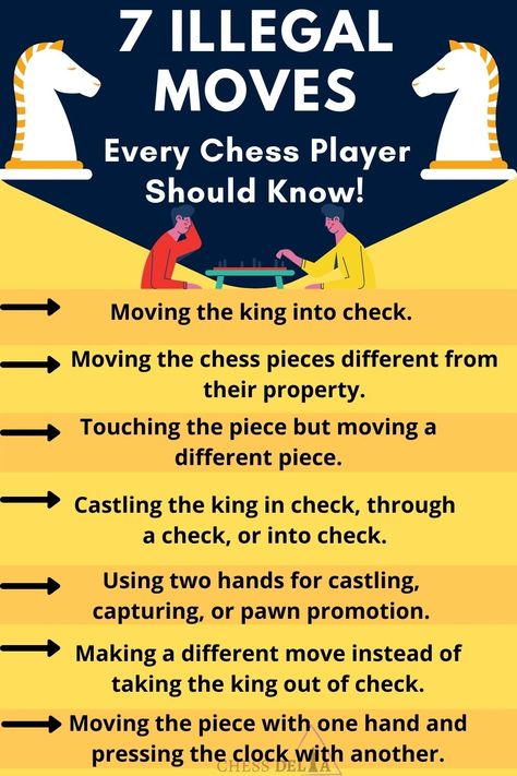 Have you ever wondered what is an illegal move in chess? In this article, I have explained everything you need to know about it from start to finish. I have explained all the standard rules about illegal moves along with the common illegal moves that occur in a game. So if interested, you can check this out. Thanks! #chess #illegalmovesinchess #chessinfographic Chess Theory, Beginner Chess, Chess Basics, Chess Tricks, Chess Playing, Chess Rules, Chess Strategy, Chess Quotes, Chess Tactics