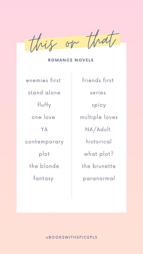 Choose between a this or that regarding your preference in romance novels Books With Spice, Spicy Novels, Podcast On Spotify, Love Ya, That One Friend, Romance Novels, Book Club, Podcast, First Love