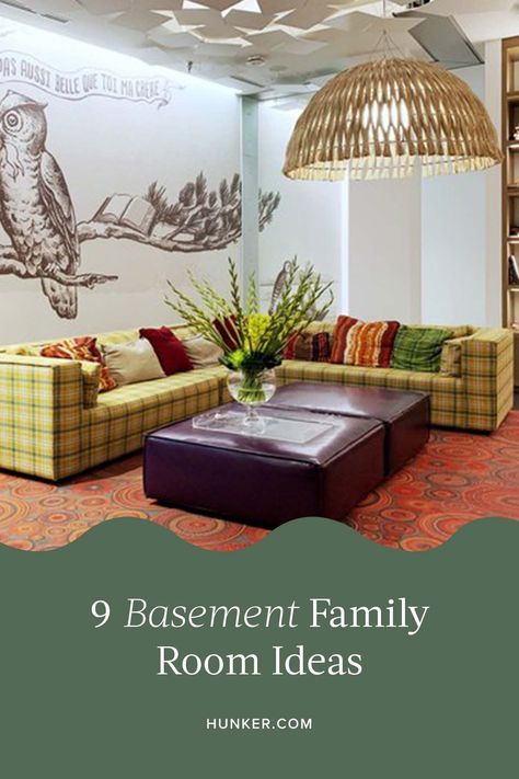 We compiled nine basement family room ideas to help get you off the ground. If the storage is lacking, the lighting is abysmal or you just don't have any good wall decor. #hunkerhome #familyroom #basementdecor #familyroomdecor #basementideas Colorful Basement Family Room, Colorful Basement, Basement Family Room Ideas, Basement Family Rooms, Ikea Besta Cabinet, Unique End Tables, Modern Family Rooms, Family Room Ideas, Basement Family Room