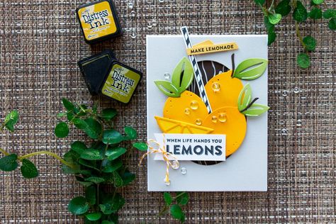 Spellbinders | Market Fresh Collection by Debi Adams. When Life Gives You Lemons - Make Lemonade card by Yana Smakula using Make Mine Lemon Lime Dies Yana Smakula, Sweet Video, Pretty Pens, Spellbinders Cards, White Gel Pen, Card Making Inspiration, Distress Ink, Ink Pads, 1 800