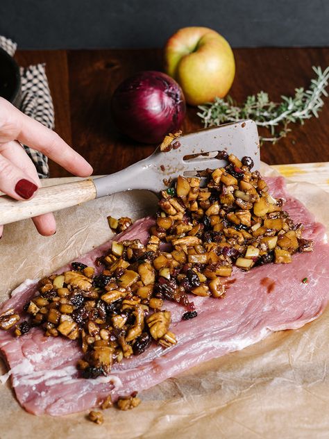 Pork Loin Stuffed With Apples, Pork Tenderloin Stuffed With Apples, Pork Tenderloin Recipes With Fruit, Pork Tenderloin With Apple Chutney, Cranberry Apple Pork Tenderloin, Stuffed Beef Recipes, Pork Tenderloin Apple Recipes, Thanksgiving Pork Tenderloin, Stuffed Tenderloin Pork