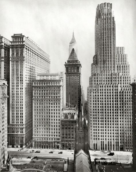 Irving Trust: 1931  New York circa 1931. "Irving Trust Building, 1 Wall Street." The Art Deco behemoth on the right, with Trinity Church and its cemetery in the foreground and Equitable Building on the left, along with American Surety, the Bankers Trust pyramid and Bank of Manhattan (rear). Irving Underhill photo. Shorpy Historical Photos, Trust Building, New York City Buildings, Nyc History, Art Deco Architecture, Lower Manhattan, Vintage New York, American Cities, City Buildings