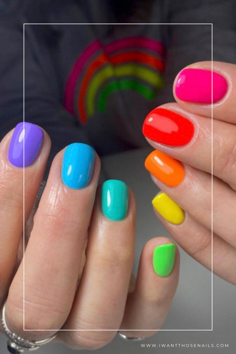 rainbow nails designs Short Nail Designs Pastel Colors, Opi Manicure Ideas, Fun Rainbow Nails, Rainbow Nails Natural, Rainbow Colored Nails, Colorful Ombré Nails, Easy Rainbow Nails, Pride Manicure Ideas, Bright Rainbow Nails