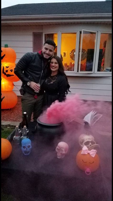 Witch Theme Gender Reveal, October Baby Gender Reveal Ideas, Witch Gender Reveal Ideas, Halloween Gender Reveal Backdrop, Gender Reveal Ideas For Halloween, Cauldron Gender Reveal How To, Halloween Themed Gender Reveal Ideas, Witchy Gender Reveal, Pastel Halloween Gender Reveal