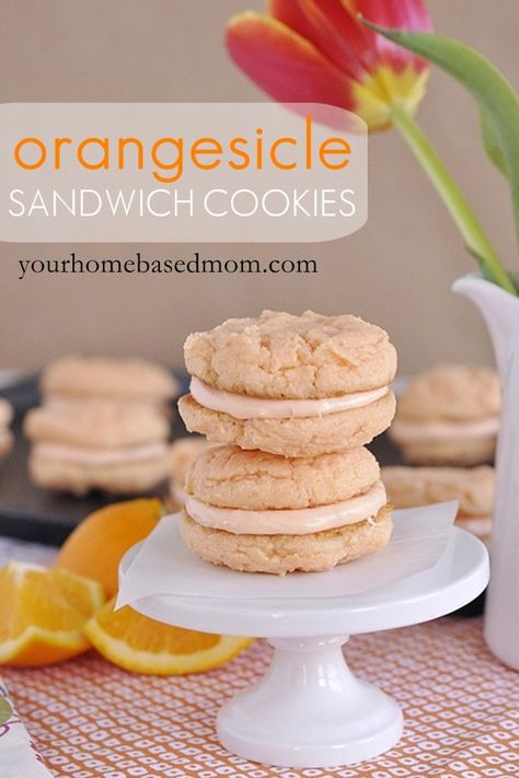 orangesicle sandwich cookies - a fun twist on an old favorite! Orange Creamsicle Cookies, Creamsicle Cookies, Everyday Cookies, Fancy Deserts, Cream Filled Cookies, Creamsicle Cake, Cookie Sandwiches, Orange Cookies, Filled Cookies