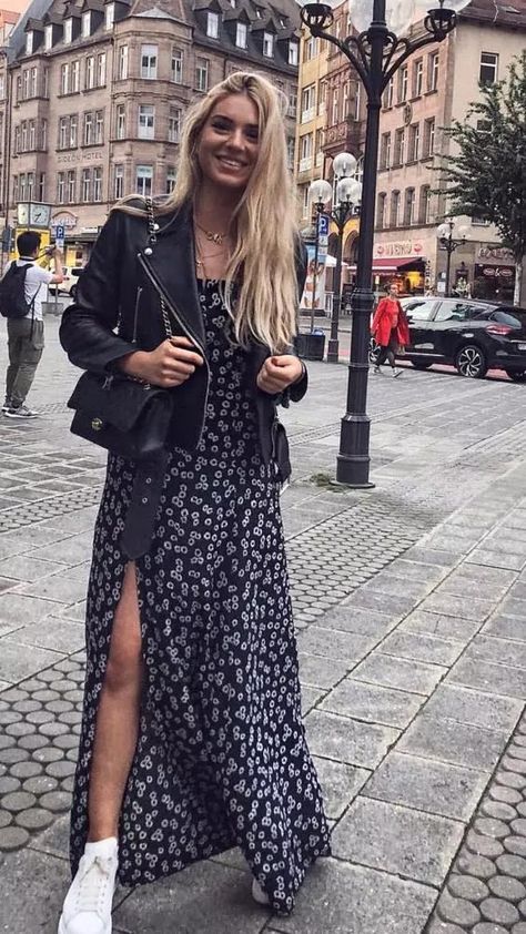 Fall Flower Dress Outfit, Jacket For Midi Dress, Midi Dress And Leather Jacket Outfit, Sneakers Outfit Casual, Office Casual Outfit, Look Rock, Leather Jacket Outfits, Europe Fashion, Casual Chic Style