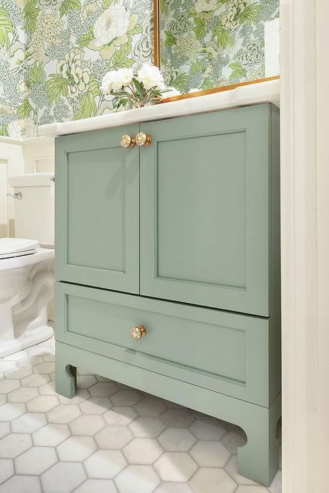 Chinoiserie legs accent a green washstand positioned against large marble hexagon floor tiles and topped with a honed white marble countertop. Decoration Ideas Aesthetic, Bedroom Floor Tiles, Living Room Floor Tiles, Room Floor Tiles, Black Interiors, Powder Room Remodel, Pretty Office, Tiles Ideas, Living Room Floor