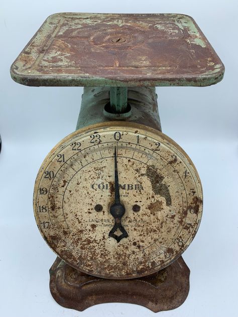 "Antique Columbia Family Scale - Green and Rusted and Rustic - Such a GREAT Piece!! Country Decor, Farmhouse Decor, Mercantile!! Condition: Used / Great Vintage Rustic Piece Measurements: 6\" Wide, 9\" Deep, 8.25\" Tall I'm crazy about rescuing vintage housewares! I love to locate and then pass on these treasures to someone who will love and value them. I hope that's you 😊 *All of my vintage items are sold as is. *Please take your time to review the photos closely as they are part of the item's Old Grist Mill, Vintage Scales, Old Scales, Antique Tins, Grist Mill, Vintage Scale, Milk Crates, Vintage Housewares, I'm Crazy