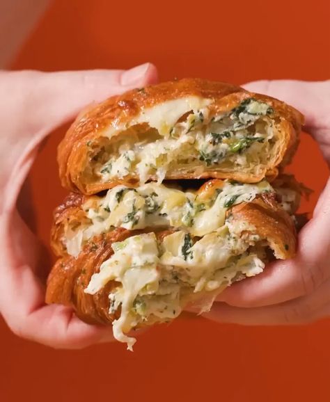 Spinach Artichoke Dip Hasselback Croissants - Tillamook Spinach Artichoke Dip, Artichoke Dip, Spinach Artichoke, Artichoke, Croissant, Yummy Dinners, Spinach, Dip, Pastry