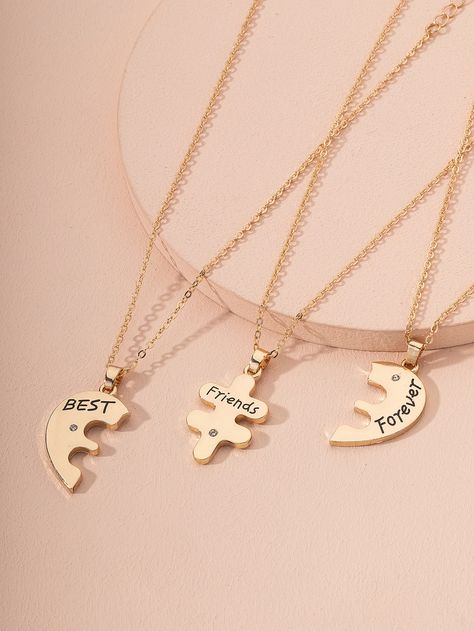 3pcs Letter Graphic Metal Pendant Necklace Trio Necklace, Bff Jewelry, Metal Pendant Necklace, Best Friend Necklace, Pretty Jewelry Necklaces, Heart Shaped Pendant Necklace, Rhinestone Material, Friend Jewelry, Bff Necklaces