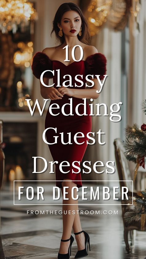 a woman wears classy wedding guest dress for december December Wedding Guest Dresses, What To Wear To A December Wedding As A Guest, December Wedding Guest Dress Classy, Wedding Guest Dress Winter 2024, Elegant Wedding Guest Dress Classy, Wedding Guest Winter Dress, Guest Wedding Dress Ideas, Winter Wedding Guest Shoes, Courthouse Wedding Guest Outfit