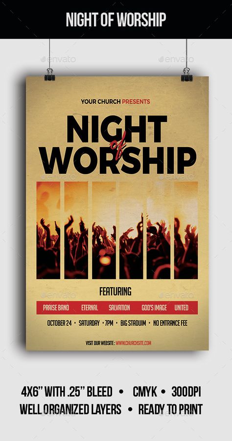 This flyer is suitable for worship night.  Details   Flyer size 46 with .25 bleed,CMYK, 300 DPI  Well organize layers  Ready to print  Font used   Montserrat http://www.fontsquirrel.com/fonts/montserrat  Rage Italic (System font)  BigNoodleTitling htt Worship Poster, Worship Poster Design, Worship Night Poster, Worship Night Poster Design, Worship Flyer Design, Praise And Worship Flyer Design, Night Of Worship Graphic, Worship Flyer, Worship Night Graphic