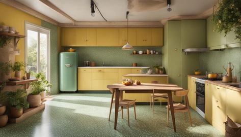 Retro Revival: Terrazzo and Wood Floors in Vintage Kitchens Retro Vinyl Flooring Kitchen, Kitchen Terrazzo, Retro Vinyl Flooring, Vintage Wood Floor, Terrazzo And Wood, Vinyl Flooring Kitchen, Vintage Kitchens, Maximalist Home, Retro Revival