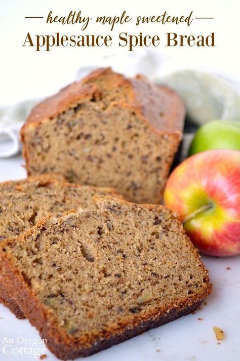 When you serve this easy applesauce and spice bread recipe, you will be a hero, it's so moist and flavorful. But you'll know it's healthy, too, making it a perfect snack option any day. #anoregoncottage #applesauce #apples #applesaucebread #bread #breadrecipe #snack #healthy Winter Breads, Apples Bread, Speciality Breads, Spice Bread Recipe, Easy Applesauce, Oregon Cottage, Cottage Recipes, Applesauce Bread, Autumn Baking