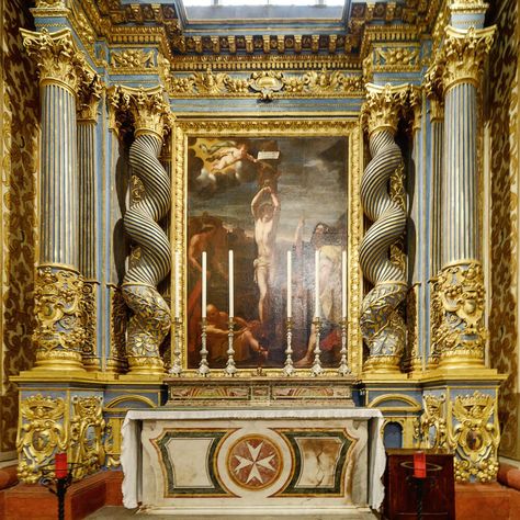 St. John’s Cathedral,  Valletta, Malta.  The Auvergne Chapel, dedicated to Saint Sebastian.  The altarpiece is by Giuseppe d’Arena and depicts the Martyrdom of San Sebastiano.   The altar contains Massive Solomonic columns. Solomonic Columns, Saint Sebastian, Valletta Malta, St Sebastian, Baroque Architecture, John The Baptist, Baroque Fashion, Weird Art, Carved Wood