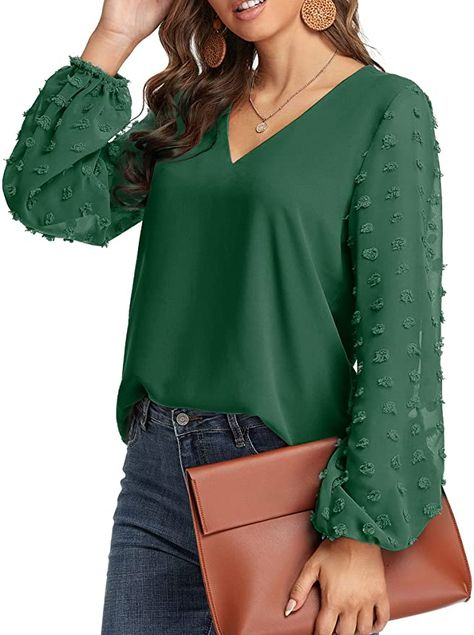 GOORY Women's Swiss Dots Chiffon Blouse Tops Casual V Neck Balloon Sleeve Work Shirts, Green XXL at Amazon Women’s Clothing store Casual Chiffon Blouse, Women Chiffon Blouse, Chiffon Blouses, Peplum Tops, Womens Business Casual, Elegant Blouses, Top Shirt Women, Stretchy Dress, Chiffon Long Sleeve