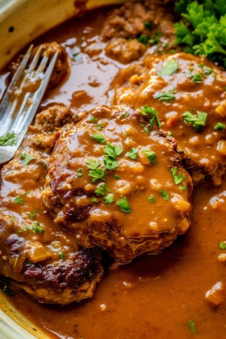 Smothered Hamburger Steak - Delicious Dinner Smothered Hamburger Steak, Poor Mans Stew, Smothered Steak, Hamburger Steak Recipes, Cream Of Onion Soup, Hamburger Steak And Gravy, Slow Cooker Appetizers, Homemade Mashed Potatoes, Hamburger Steak