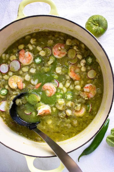 This Shrimp Posole Verde starts with a traditional, hearty Mexican soup that eats like a stew, and includes hominy, chiles and substitutes shrimp for pork. So good! #TabascoTastemakers #spon www.keviniscooking.com Shrimp Pozole Recipe, Shrimp Posole, Hominy Soup, Posole Recipe, Pozole Verde, Pozole Recipe, Gf Meals, Mexican Stew, Lent Recipes