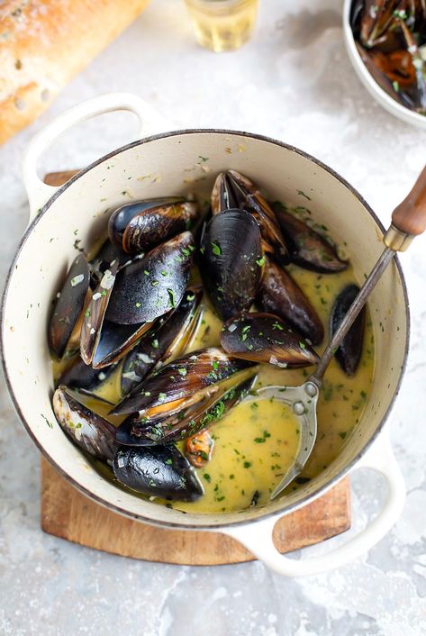 Indulge in a timeless and simple dish featuring mussels cooked in a delightful blend of white wine, garlic, and cream. Perfect for seafood lovers looking to elevate their meal. White Wine Mussels, Energy Bars Recipe, Parmesan Roasted Potatoes, Steamed Mussels, Garlic Recipe, Mussels Recipe, Seafood Recipe, Easy Recipes For Beginners, White Wine Sauce