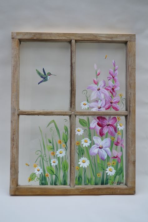 Hand Painted Windows, Old Windows Painted, Window Frame Art, Old Window Art, Window Pane Art, Old Window Decor, Painted Window Art, Painting On Glass Windows, Window Crafts