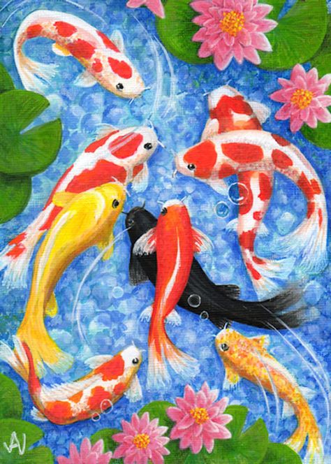 Feng Shui Koi Fish, Beginners Watercolor, Feng Shui Art, Koi Painting, Pond Painting, Koi Art, Painting Unique, Carpe Koi, Easy Canvas