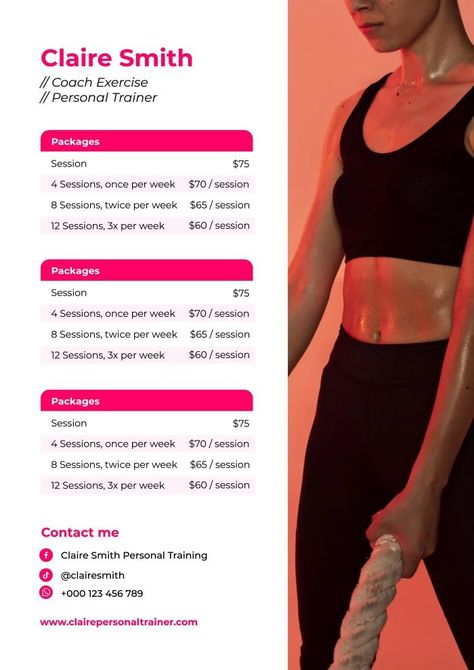 Monocolor Coach Exercise Personal Trainer Price List Personal Training Templates, Personal Trainer Price List, Personal Training Price List, Gym Price List Design, Personal Trainer Branding, Coach Aesthetic, Personal Trainer Marketing, Personal Trainer Website, Personal Trainer Business