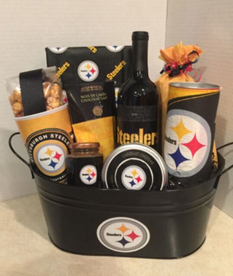 Steelers Gift Basket Steelers Gifts For Men, Steelers Gift Basket, Nfl Gift Basket Ideas, Football Gift Baskets, Steelers Gifts, Bday Gift For Boyfriend, Corporate Branded Gifts, Men Gift Basket, Gift Baskets For Him