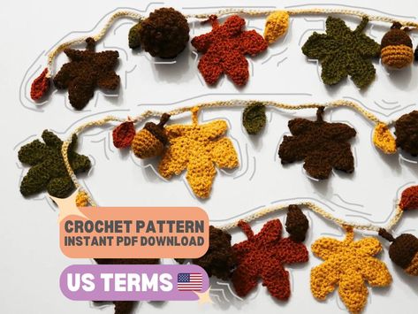 Create your own beautiful Autumn Crochet Garland with this digital PDF crochet pattern. Featuring maple leaves, acorns, and customisable elements, this pattern is perfect for anyone looking to add a cosy, handmade touch to their Thanksgiving or fall decor. Whether you're a beginner or an intermediate crocheter, this pattern is designed to be both fun and easy to follow, with clear instructions and helpful tips along the way! Materials Needed:  - Crochet hook: 3.5 mm / E  - Yarn: Double knit, lig Garland Crochet Pattern, Fall Bunting, Garland Crochet, Autumn Garland, Autumn Crochet, Crochet Garland, Fall Garland, Crochet Leaves, Diy Holiday Gifts