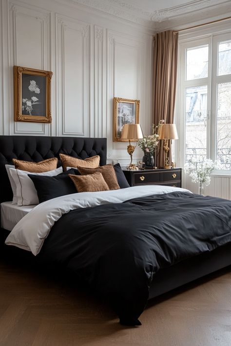 15 Elegant Black and White Bedroom Ideas – Everyday Inspo Black Velvet Bed Frame Bedroom Ideas, Bedrooms With Dark Wood Floors, Black Bedframe Bedroom Ideas, Guest Bedroom Ideas Cozy Modern, Black Velvet Bed, Black And White Bedroom Ideas, Bedroom Ideas Luxury, Black And White Bedroom, White Bedroom Ideas