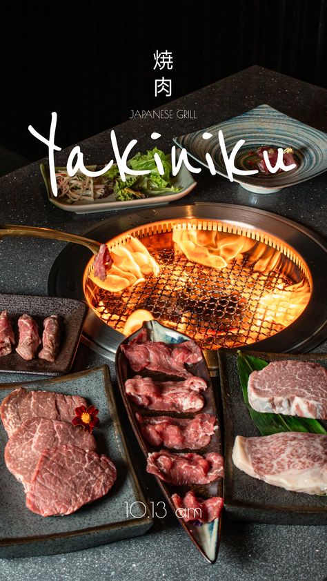 Grill wagyu beef with original taste. Take at 10.13am Japanese Grill, Gallery Poster, Grilling Menu, Food Photoshoot, Wagyu Beef, Background Ideas, Food Style, Creative Content, Tall Girl