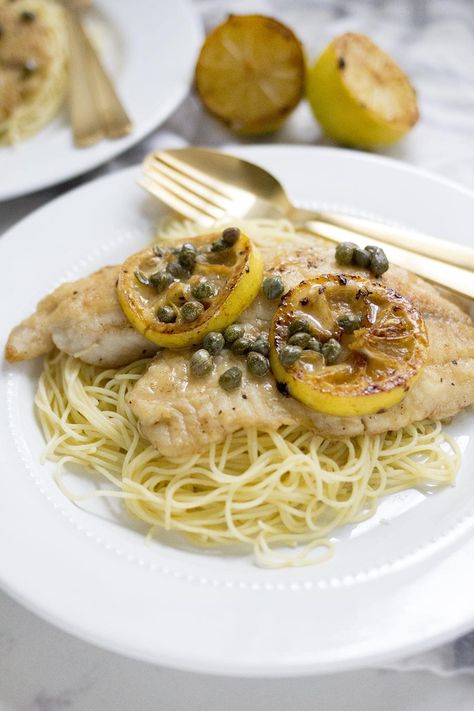 Tilapia Piccata Recipe, Tilapia Piccata, Sauteed Fish, Angel Hair Pasta Recipes, Sweet Chili Shrimp, Piccata Recipe, Caper Sauce, Baked Tilapia, Angel Hair Pasta