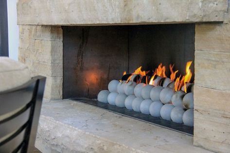 New installation with ceramic "canon balls" media Fireplace Balls, Nice House, Outdoor Fireplaces, Glass Fireplace, Contemporary Fireplace, Fireplace Remodel, Fireplace Makeover, Outdoor Fireplace, Remodels