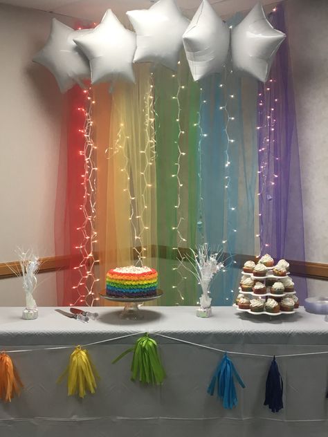 Metallic Rainbow Birthday Party, Simple Rainbow Decorations, Rainbow Backdrop Diy Birthday, Rainbow Backdrop Ideas, Rainbow Decorations Birthday, Rainbow Ideas Decorations, Rainbow Backdrop Diy, Birthday Rainbow Theme Decoration, Rainbow Theme Baby Shower Ideas