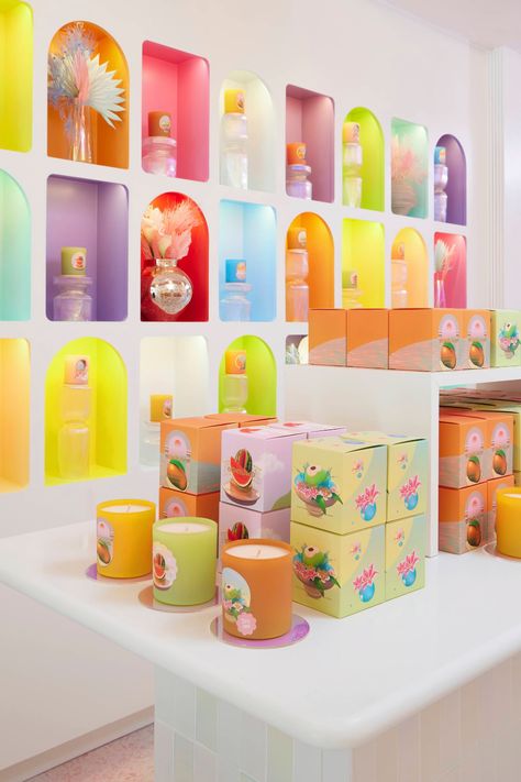 Otherland: The Dreamiest Candle Store Newly Opened in Soho Funky Display Ideas, Candle Displays Ideas, Colorful Store Interior, Colorful Retail Store, Retail Store Display Ideas, Candle Store Interior, Concept Store Ideas, Native Brand, Homeware Store