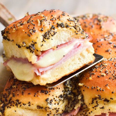 Ham and Cheese Sliders - The View from Great Island Hot Ham And Cheese Sliders, Potluck Meals, Hot Ham And Cheese, Pub Night, Ham Cheese Sliders, Ham Sliders, Ham And Cheese Sliders, The View From Great Island, Slider Sandwiches