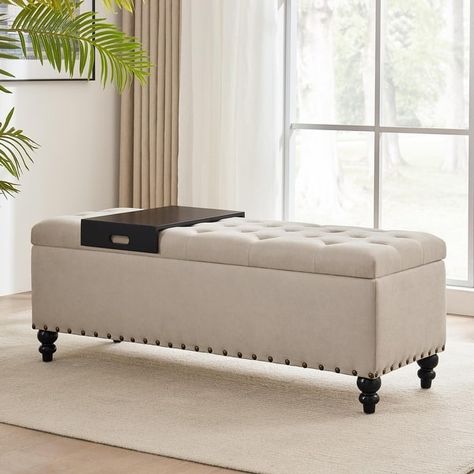 50-inch Button-Tufted Storage Bench Ottoman with Removable Tray for Living Room Bottom rivets design - Bed Bath & Beyond - 38459858 Storage Bench Ottoman, Bench For Living Room, Bedroom Beige, Tufted Storage Bench, Storage Ottomans, Long Bench, End Of Bed Bench, Bedroom Bench, Bench Ottoman