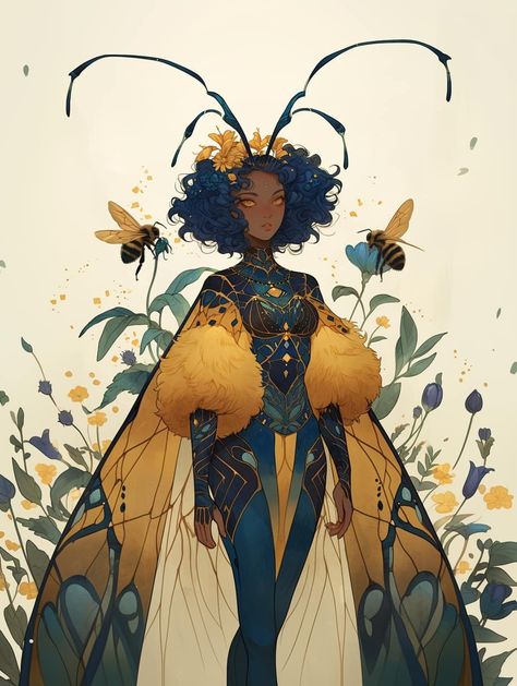 Facebook Butterfly People Art, Bee Fairy Art, Honey Bee Character Design, Bumble Bee Character Design, Unseelie Fae Character Design, Luna Moth Character, Dnd Fae Character, Fairy Dnd Character Art, Bee Themed Outfit