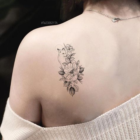 Fox And Flower Tattoo Design, Delicate Fox Tattoo, Floral Fox Tattoo, Animal With Flowers Tattoo, Fox Family Tattoo, Fox Flower Tattoo, Fox Tattoo Small Simple, Fine Line Fox Tattoo, Fox Tattoo Sleeve